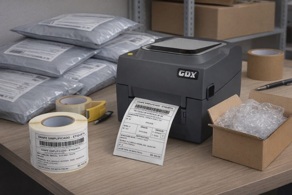 Impressora Godex BPX 520 imprimindo etiqueta DANFE simplificada