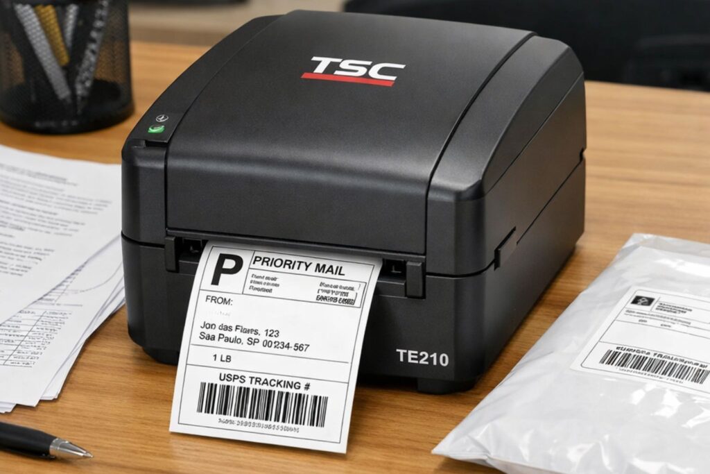 Imagem de uma impressora de etiquetas TSC TE210 fazendo impressão sem ribbon