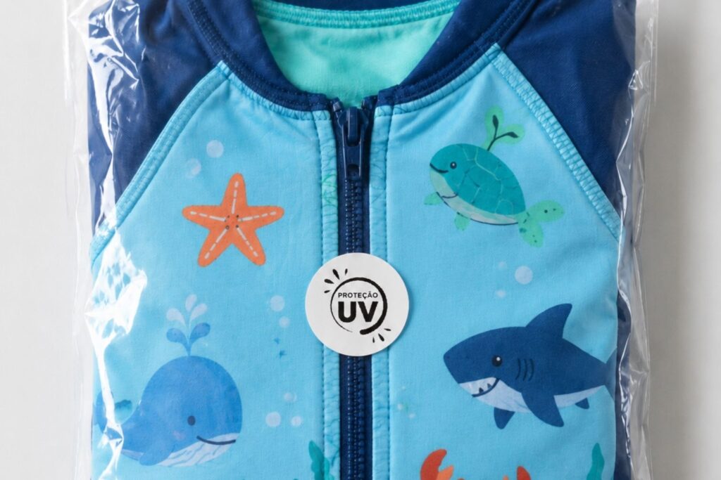 Etiqueta Redonda 3cm impressão com UV PRETECAO colada em um roupa